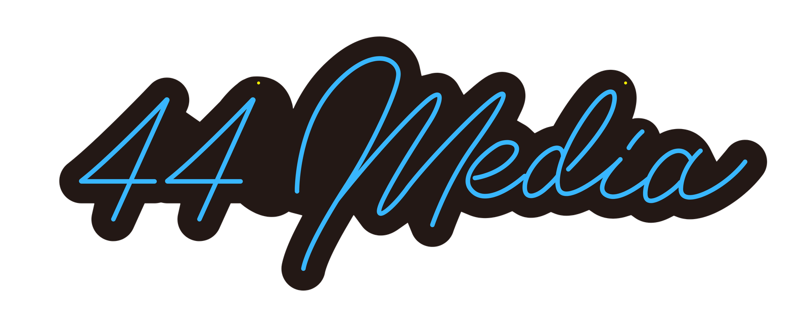 The image shows the logo for "44 Media" displayed in a neon light style. The text is in a cursive, handwritten font with a glowing blue outline against a black background, giving the impression of a classic neon sign. The numbers "44" are prominently featured to the left, with the word "Media" flowing to the right, both written continuously as if by a single streak of neon tubing.