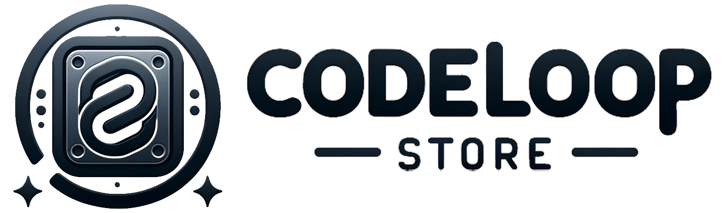 The image features a stylized logo for "CODE LOOP STORE." On the left, there is a circular emblem with what appears to be an abstract representation of a digital or electronic element, reminiscent of a circuit or a loop, in silver and black. On the right, the words "CODE LOOP" are in bold, three-dimensional, capitalized letters, with "STORE" beneath in a smaller font. The design elements suggest a tech-oriented or software-related business with a modern and sleek aesthetic.